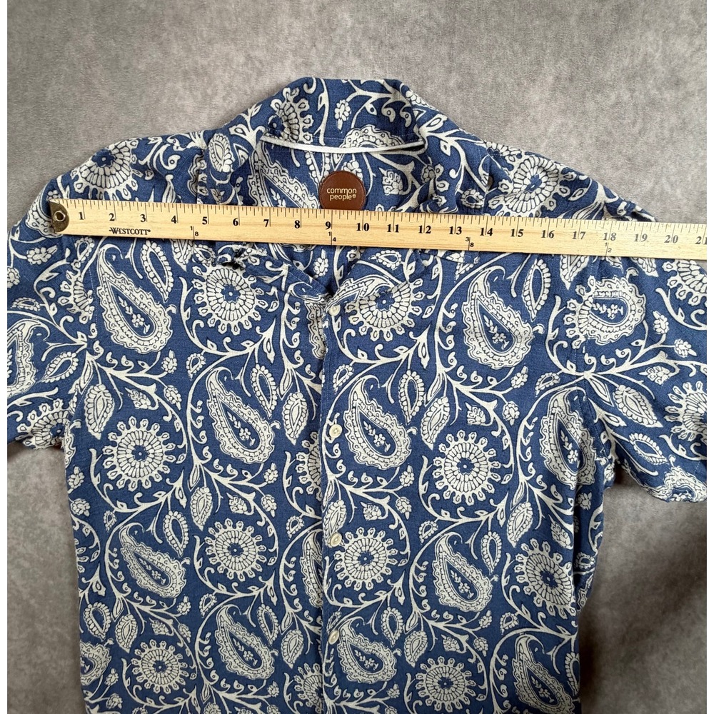 Common People Mens XL Cabra Shirt Linen Blend Blue Paisley Camp Collar - Picture 7 of 9